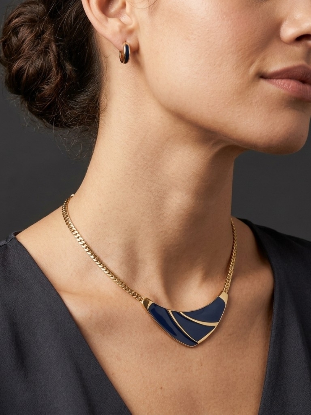 Vintage Royal Blue Enamel Bib Choker Necklace Gold Tone Modernist Mint